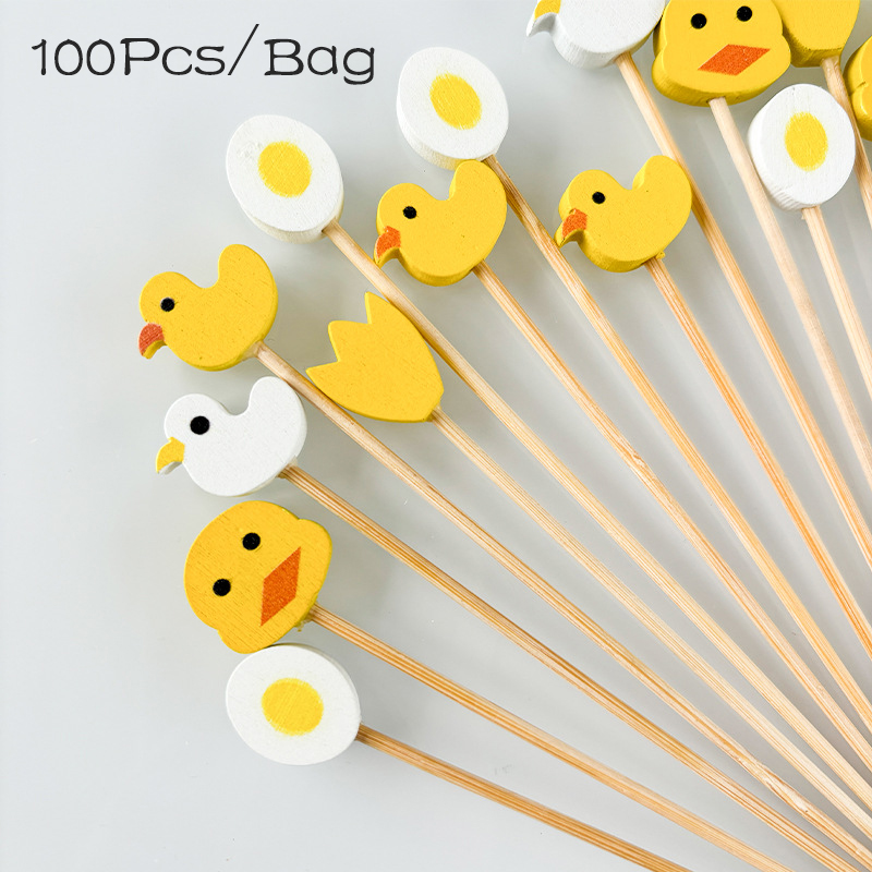 Baby Food Yellow - 100 ชิ้นน่ารักไข่เป็ดสีเหลืองทิ้งไม้ไผ่อาหารขนมผลไม้ส้อมสําหรับเด็กวันเกิด Baby Shower Easter Party