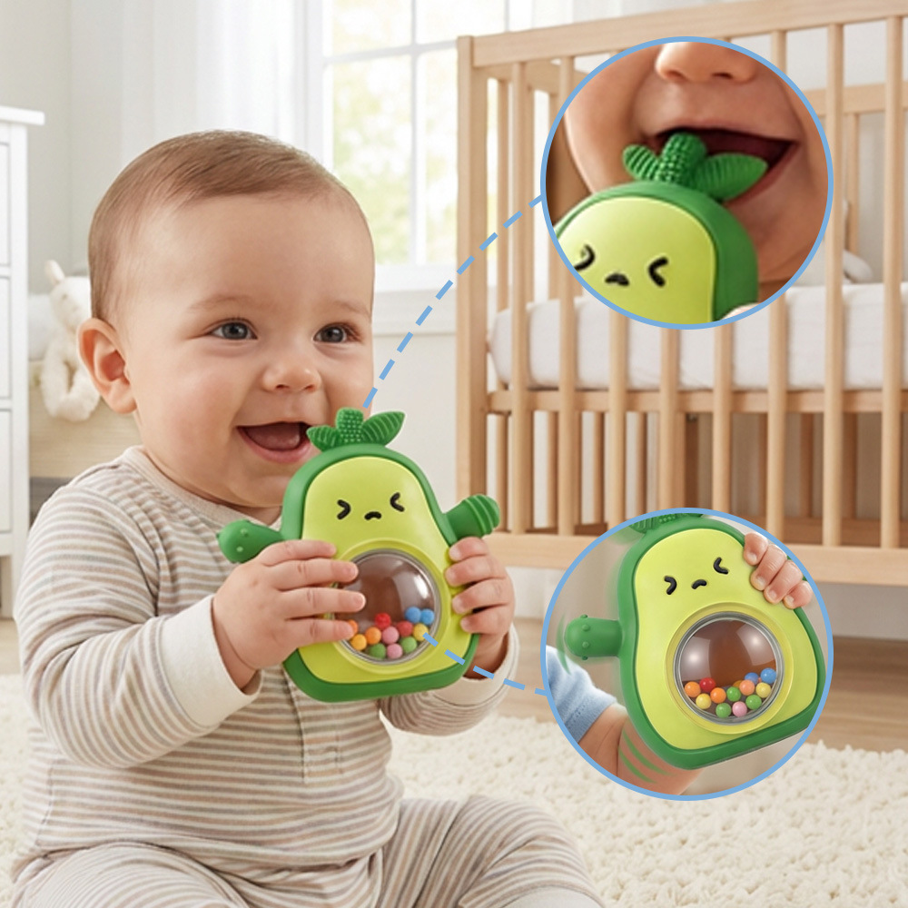 Baby Food Bites - ยางกัดอะโวคาโดสำหรับเด็ก ทำจากซิลิโคนเกรดอาหาร ปลอดสาร BPA ของเล่นกัดแบบถือได้สำหรับเด็กทารก ของเล่นเสริมพัฒนาการเด็กเล็ก