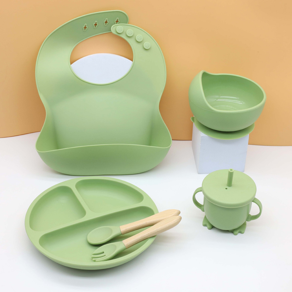 Baby Food Set - Hot ชุดอาหารเด็กชุดเอี๊ยมชามจานอาหารค่ําถ้วยน้ําด้ามไม้ช้อนส้อมชุดหกชิ้น