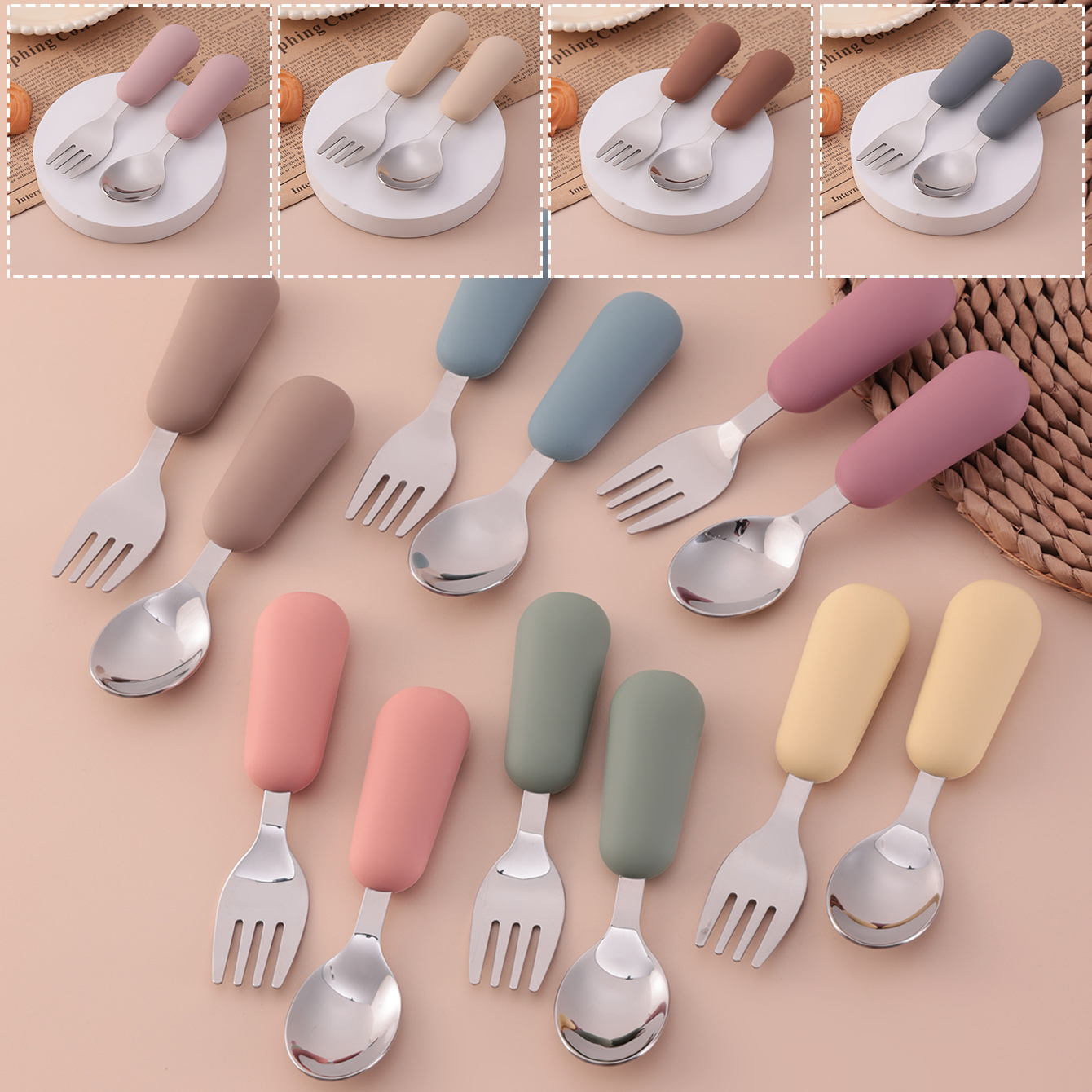 สีเด็ก 2PCS สแตนเลสสตีลช้อนส้อ - Baby Food Utensil บทวิจารณ์และราคา